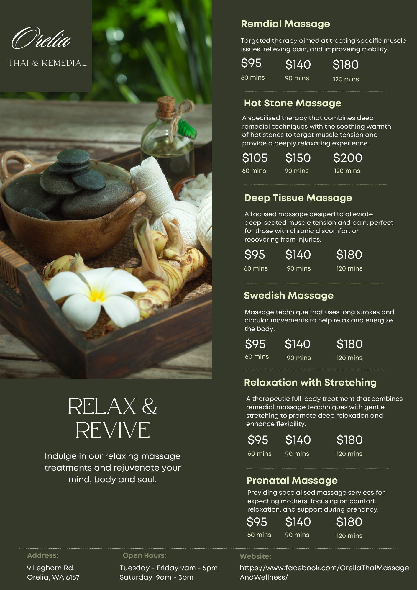Orelia Thai Massage service menu showing range of treatments